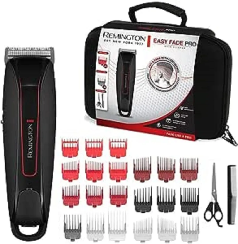 Remington ▫️ Máquina de cortar cabelo Easy Fade Pro, máquina de cortar cabelo com fio e sem fios, lâminas em aço de qualidade japonesa, 10 pentes de degradê e 9 pentes fixos, autonomia de 120 minutos, indicador LED - HC550