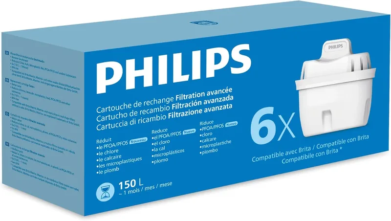 Philips ▫️ Cartuchos de substituição do filtro de água Water Advanced Filtration, embalagem com 6 unidades, reduz MICROPLÁSTICO, CLORO, calcário, METAIS PESADOS, compatível com brita*.