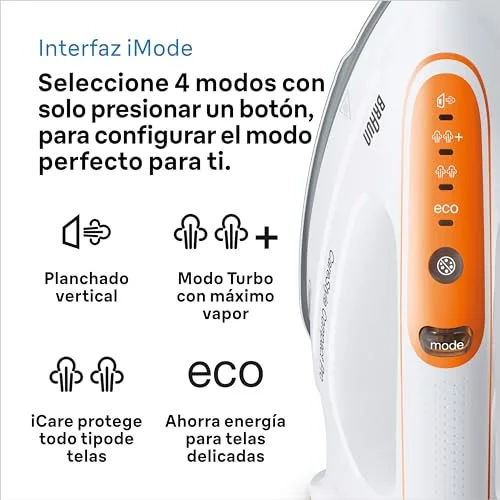 Braun ▫️ Chapinha CareStyle Compact Pro com geração de vapor, FreeGlide 3D, modos iCareMode, Eco e Turbo, vaporização vertical, sistema antigotejamento, depósito de água de 1,5 L, 6 bar/400 g/min, 2400 W, branco/laranja 2