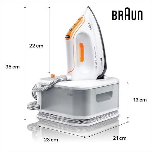 Braun ▫️ Chapinha CareStyle Compact Pro com geração de vapor, FreeGlide 3D, modos iCareMode, Eco e Turbo, vaporização vertical, sistema antigotejamento, depósito de água de 1,5 L, 6 bar/400 g/min, 2400 W, branco/laranja 3