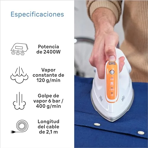 Braun ▫️ Chapinha CareStyle Compact Pro com geração de vapor, FreeGlide 3D, modos iCareMode, Eco e Turbo, vaporização vertical, sistema antigotejamento, depósito de água de 1,5 L, 6 bar/400 g/min, 2400 W, branco/laranja 4
