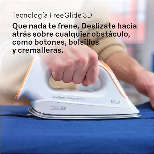 Braun ▫️ Chapinha CareStyle Compact Pro com geração de vapor, FreeGlide 3D, modos iCareMode, Eco e Turbo, vaporização vertical, sistema antigotejamento, depósito de água de 1,5 L, 6 bar/400 g/min, 2400 W, branco/laranja 7
