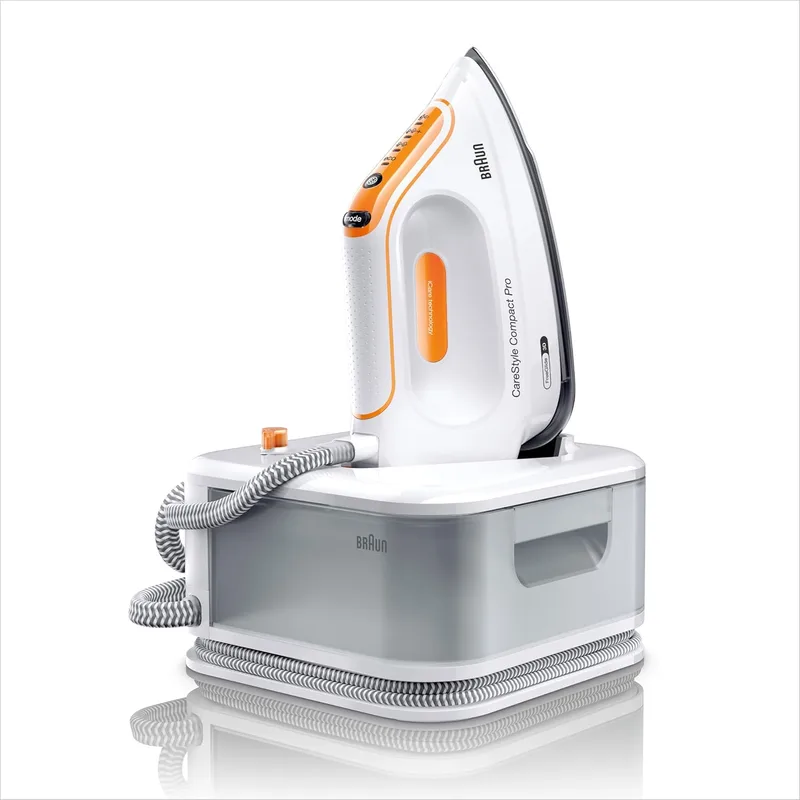 Braun ▫️ Ferro a vapor CareStyle Compact Pro, FreeGlide 3D, iCareMode, Modo Eco e Turbo, Vapor de verão, Anti-gotejamento, Depósito de água 1,5L, 6 bar/400g/min, 2400W, Branco/Laranja