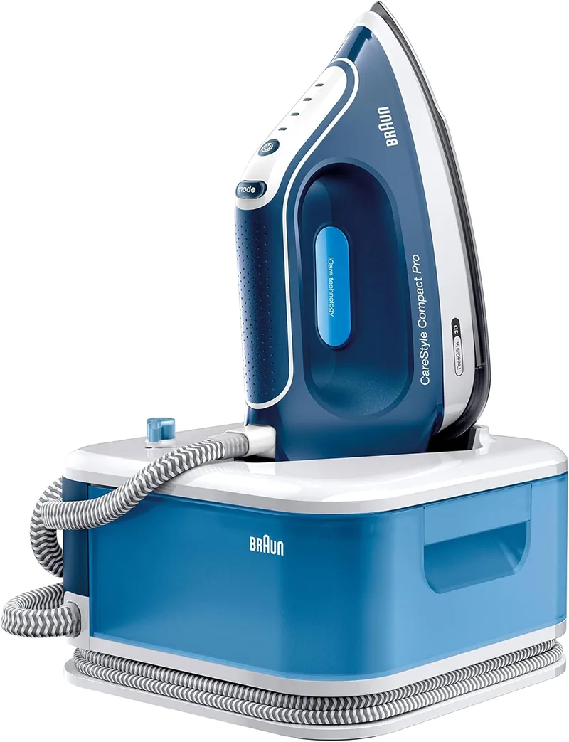 Braun ▫️ Chapinha CareStyle Compact Pro com geração de vapor, FreeGlide 3D, modo iCareMode, modos Eco e Turbo, vaporização vertical, sistema antigotejamento, depósito de água de 1,5 L, 6 bar/400 g/min, 2400 W, IS2565 Azul