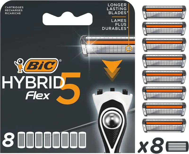 BIC ▫️ Lâminas de barbear Hybrid 5 Flex para homem, embalagem de 8 lâminas de substituição com 5 lâminas móveis