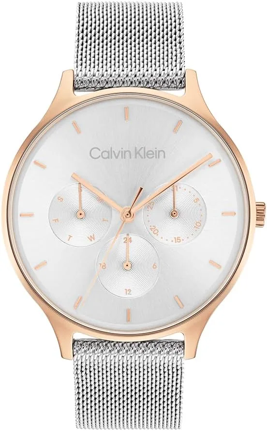 Relógio de quartzo analógico multifunções Calvin Klein para mulher com bracelete em malha de aço inoxidável
