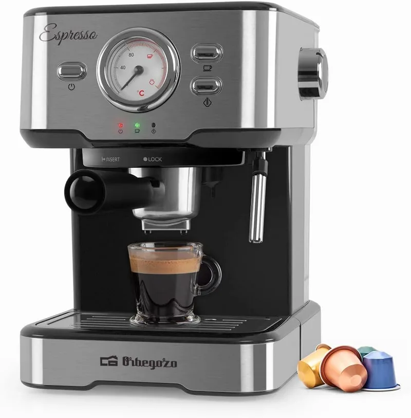 Orbegozo ▫️ EX 5500 - Máquina de café expresso e cappuccino, 20 bar de pressão, termómetro, depósito removível de 1,5 L, vaporizador, 1100 W, aço inoxidável