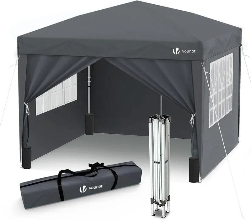 VOUNOT ▫️ ® Tenda Gazebo Dobrável 3x3m com 4 Paredes e 4 Sacos de Areia, Gazebo Pavilhão de Jardim para Campismo, Festas, Exterior, Cor Cinzento
