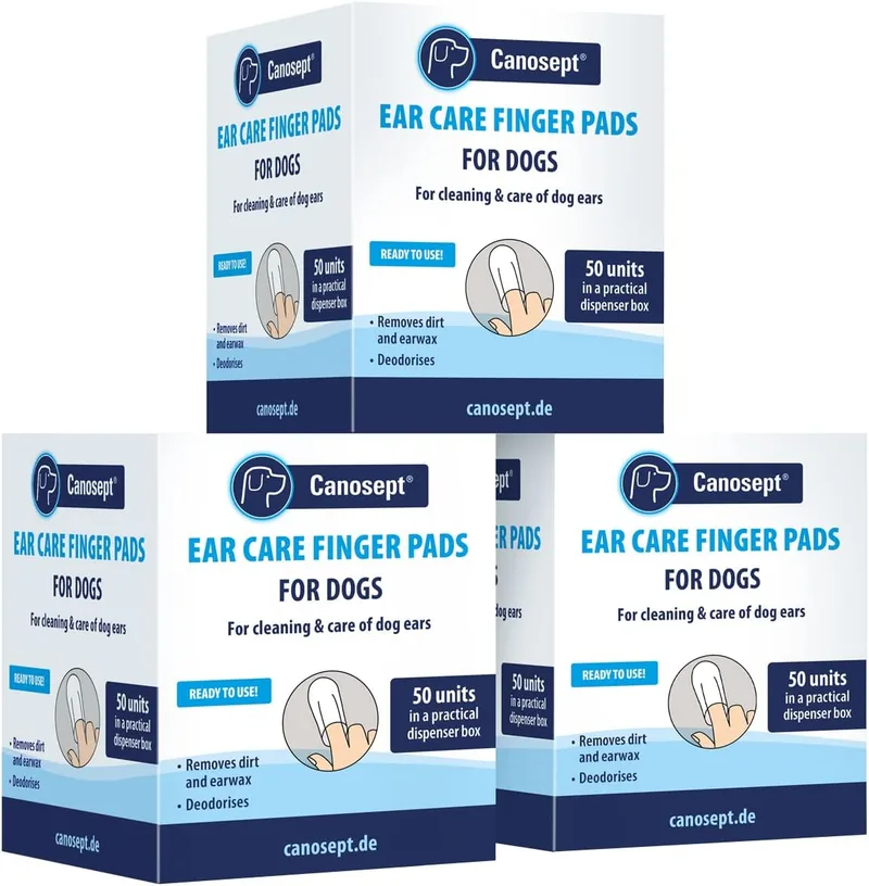 Canosept ▫️ Toalhetes de Limpeza de Orelhas de Cão 3 x 50 Peças - Limpa Orelhas de Cão - Caixas de Dedos para uma Limpeza Prática e Intuitiva - Cuidados e Higiene das Orelhas de Cão