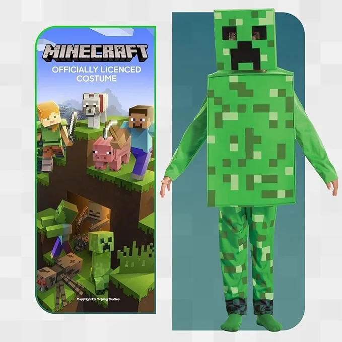 Minecraft ▫️ Fato infantil de Creeper Licença Oficial da Disguise, ajuste confortável e design detalhado, Para idades entre os 7 e os 8 anos, 4 e os 6 anos, 3 e os 4 anos, 7 e os 8 anos, 4 e os 6 anos, 3 e os 4 anos 4