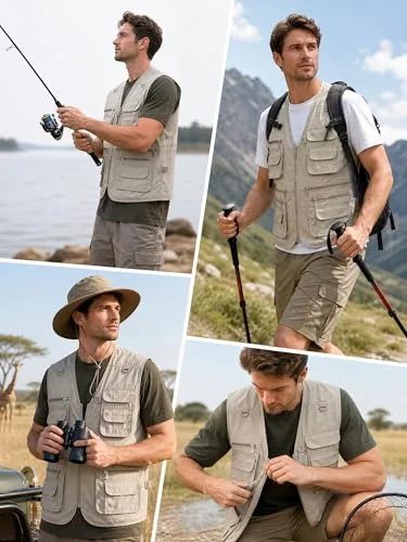 Yukirtiq ▫️ Coletes de pesca respiráveis para homem, com vários bolsos; coletes táticos leves; coletes de trabalho; coletes para caça e caminhadas; coletes de secagem rápida 2