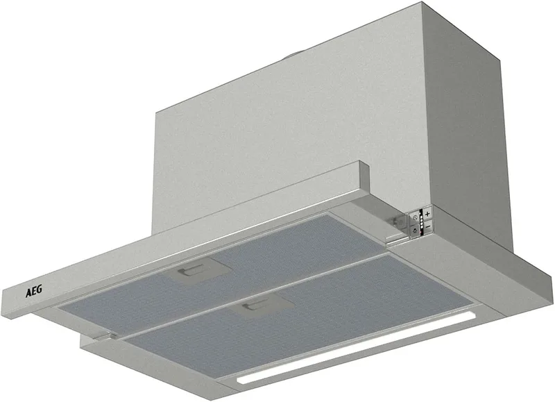 AEG ▫️ DPE5660M Exaustor extraível, 60 cm, 3 velocidades + modo intensivo, Potência até 660 m³/h, Nível de ruído de 60 dB(A), Painel incluído, Luzes LED, Aço inoxidável, Classe A
