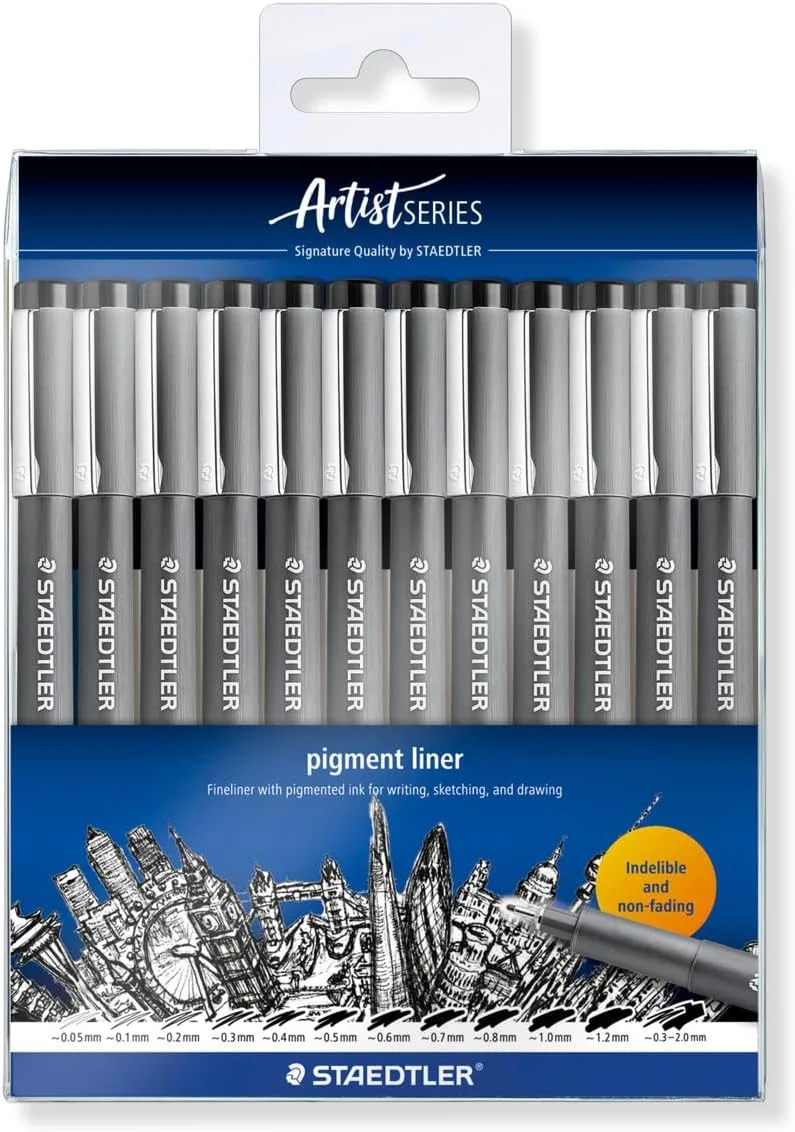 STAEDTLER ▫️ 308-9 TB12 - Marcadores de pigmento para rabiscar, várias larguras de traço, preto (conjunto de 12)