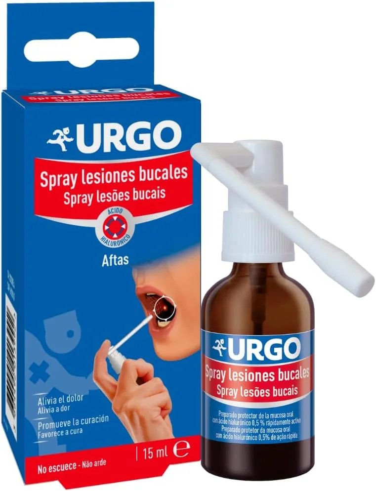 Urgo ▫️ Spray para aftas - Tratamento para aftas, úlceras e pequenas lesões bucais com ácido hialurónico, alívio e cicatrização de úlceras bucais - Spray de 15 ml