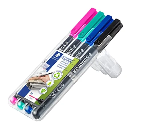 STAEDTLER ▫️ 317 WP4-1 Lumocolor Marcador universal permanente, para todas as superfícies, resistente a manchas e à água, recarregável, largura de traço de 1 mm, 4 2