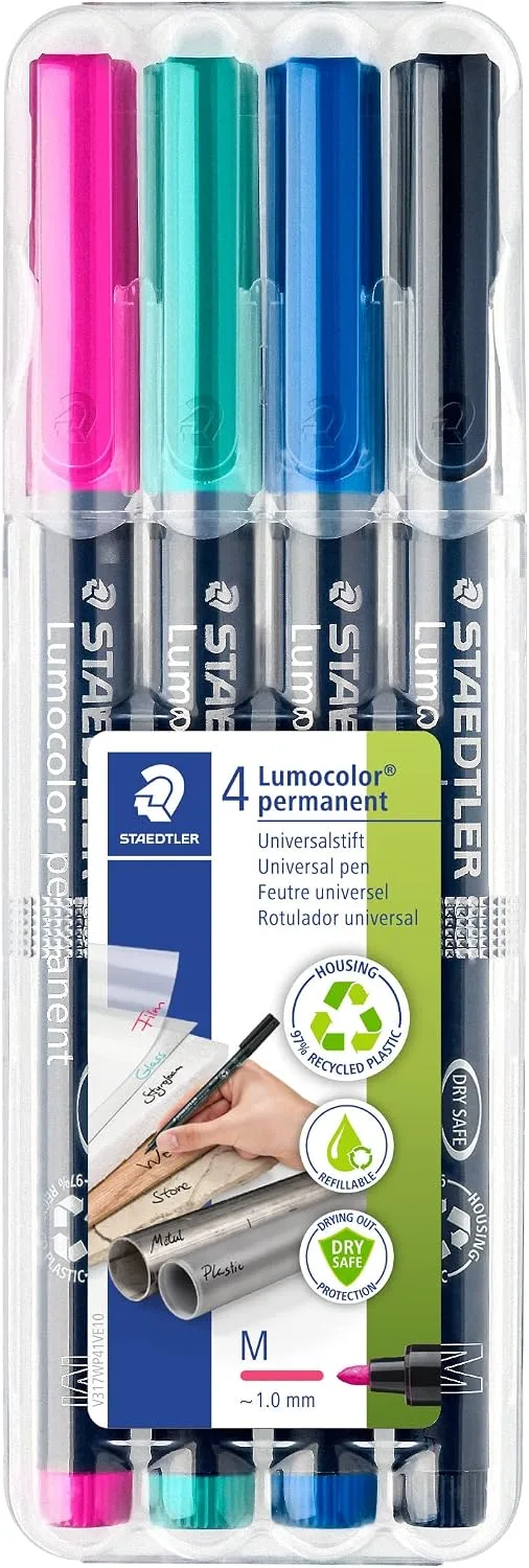 STAEDTLER ▫️ 317 WP4-1 Lumocolor Marcador universal permanente, para todas as superfícies, resistente a manchas e à água, recarregável, largura de traço de 1 mm, 4