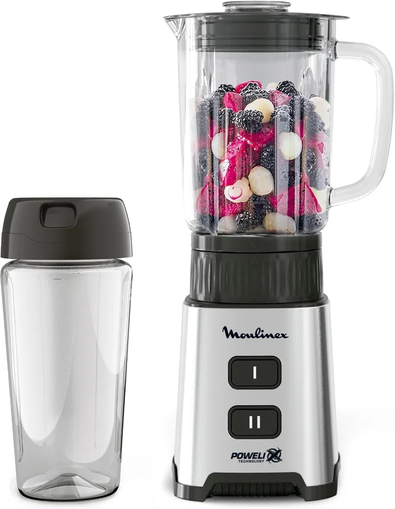 Moulinex ▫️ Pulseo, Liquidificador individual de 400 W, Tecnologia Powelix, Lâminas removíveis, 2 velocidades, Controlo de textura, Com recipiente portátil de 600 ml, Aço inoxidável, LM17GD