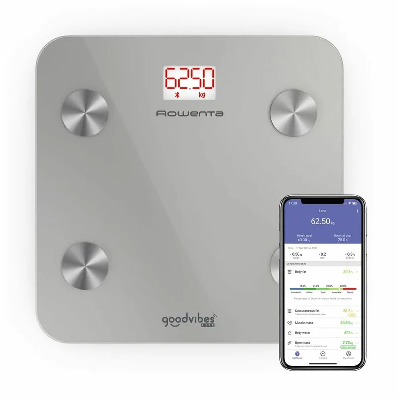 Rowenta ▫️ GoodvibesLife, Balança digital inteligente para casa de banho com medidor de gordura corporal e IMC, 10 medições corporais, aplicação associada, ecrã LED grande, capacidade até 160 kg, BR9600S1