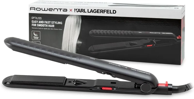 Rowenta ▫️ x Karl Lagerfeld Extra Liss SF411L — Alisador de cabelo com revestimento de queratina e turmalina, ecrã LED, desligamento automático, preto, 9 cm x 4,5 cm