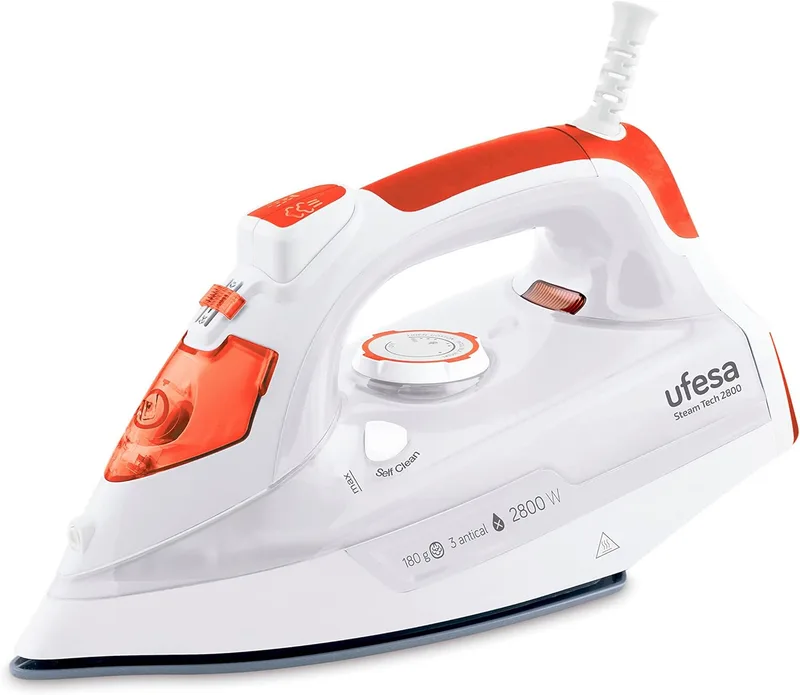 Ufesa ▫️ Steam Tech 2800: Ferro a vapor vertical e horizontal, 2800 W, jato de vapor máximo de 180 g, base em cerâmica, modo a vapor ou a seco, sistema triplo anticalcário, branco/vermelho