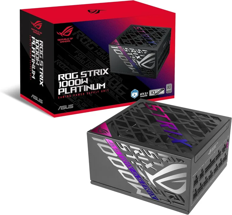 ASUS ▫️ ROG Strix 1000W Platinum - Fonte de Alimentação Totalmente Modular, 80 Plus Platinum, ATX 3.1, Cybenetics Lambda A+, GAN MOSFET, Estabilizador de Voltagem Inteligente GPU-First, Cobertura de 10 anos