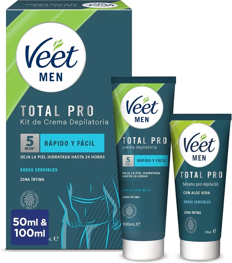 Veet ▫️ Kit de depilação Men para zonas íntimas do corpo, creme depilatório para homem e bálsamo pós-depilação, cor cinzenta, conjunto de 2 peças