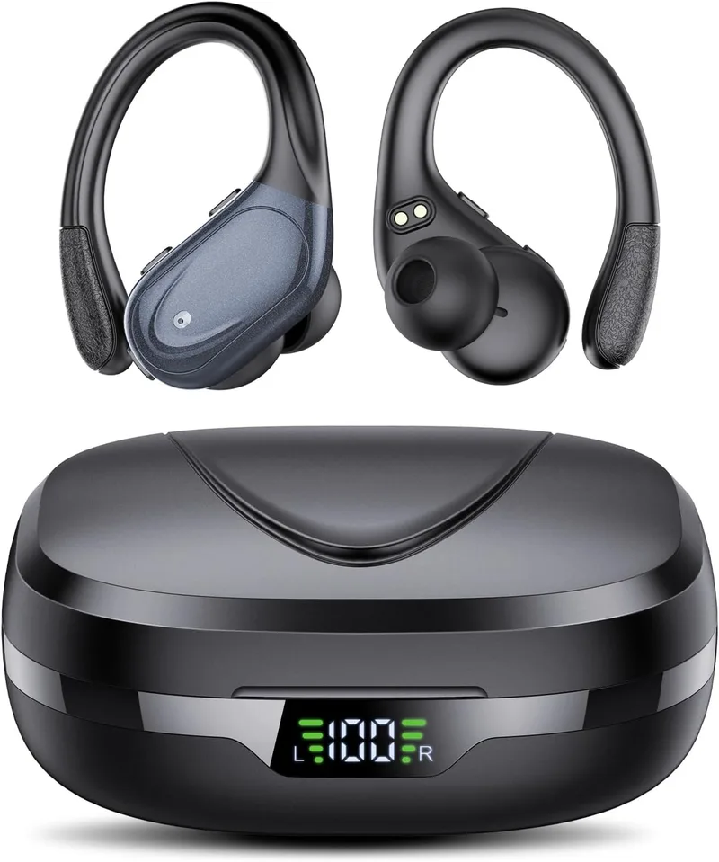 CASCHO ▫️ Auscultadores sem fios, auscultadores desportivos Bluetooth 5.3 com gancho para os ouvidos, reprodução de 60H, ecrã LED, chamada HD ENC, graves profundos, ajuste confortável, à prova de água IPX7 (preto).