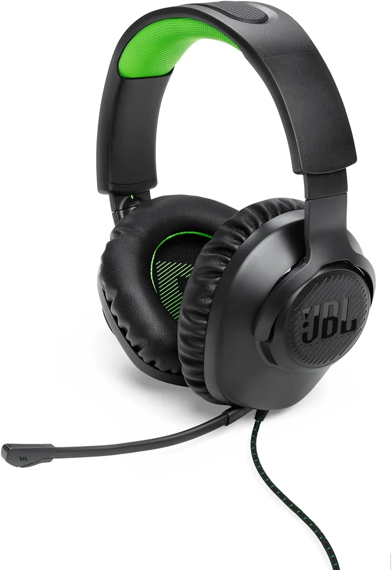 JBL ▫️ Quantum 100X: Auscultadores para jogos com arnês, com microfone de braço amovível, adequados para a PlayStation e compatíveis com outras consolas, em preto e verde