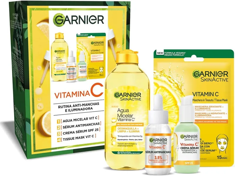 Garnier ▫️ Conjunto Anti-Manchas Soro com Vitamina C e Creme-Soro – um tratamento 2 em 1 –, Máscara Facial com Ácido Hialurónico e Vitamina C e Água Micelar de 400 ml
