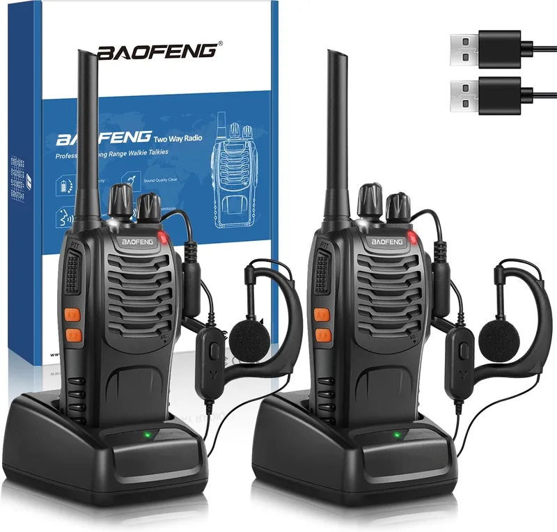 BaoFeng ▫️ Professional Walkie Talkie Talkie PMR Radio Communication USB Recarregável 16 Canais Longa Distância Portátil Walkie Talkies com Auscultadores e Luz LED (Preto, 1 Par)