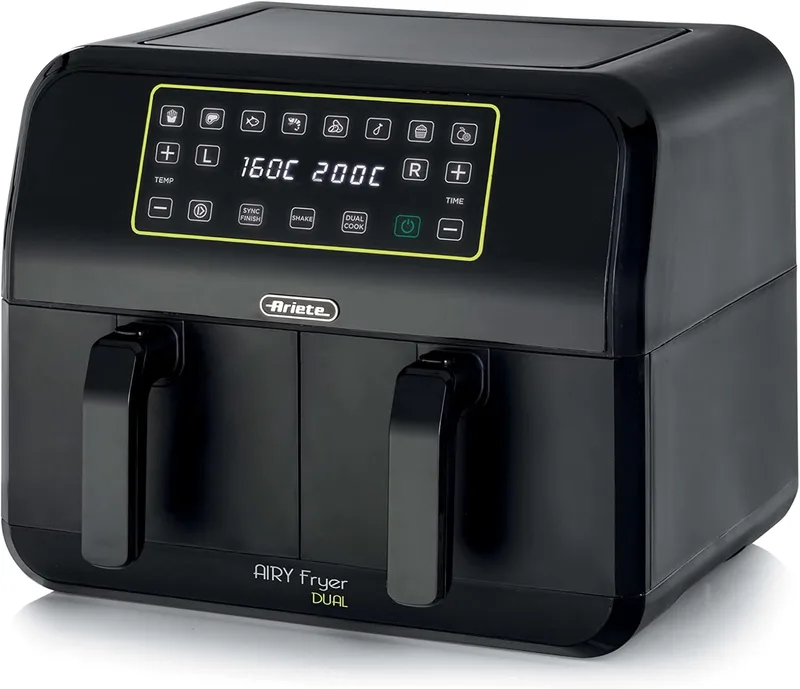 Ariete ▫️ 4623 Airy Fryer Dual, fritadeira com cesto duplo, 1700 W, capacidade 8 L, 3 funções de cozedura, painel tátil digital LED, 8 programas pré-definidos, temporizador, 2 cestos, preto