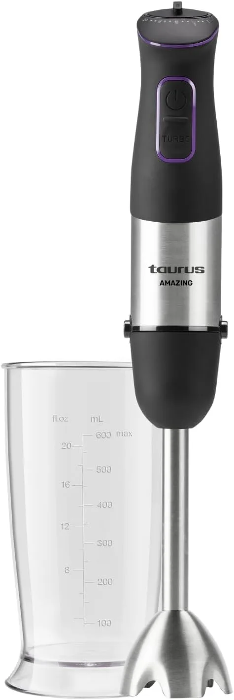 Taurus ▫️ Amazing - Varinha mágica AHB1000X, 1000 W, regulador de 20 velocidades, função Turbo, 4 lâminas em aço inoxidável, design ergonómico e suave ao toque, inclui copo medidor, Preto