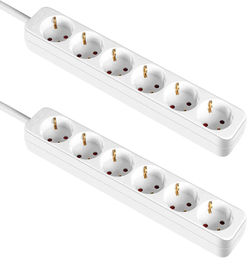 7H SEVENON ▫️ Conjunto de 2 extensões com 6 tomadas Schuko, 1 m, branco, sem interruptor, 7hSevenOn