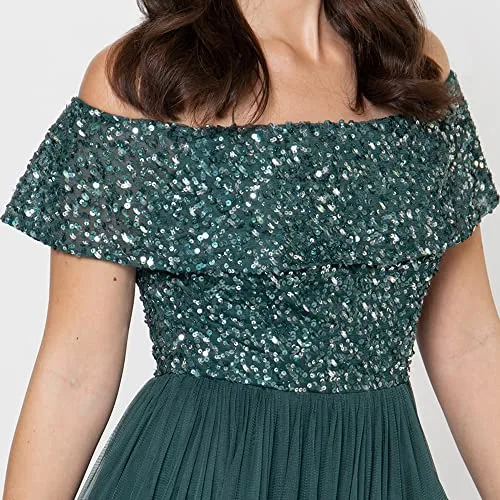 Maya Deluxe ▫️ Maya Berry Bardot Vestido Maxi com Detalhes - Vestido de Dama de Honra para Mulher 2