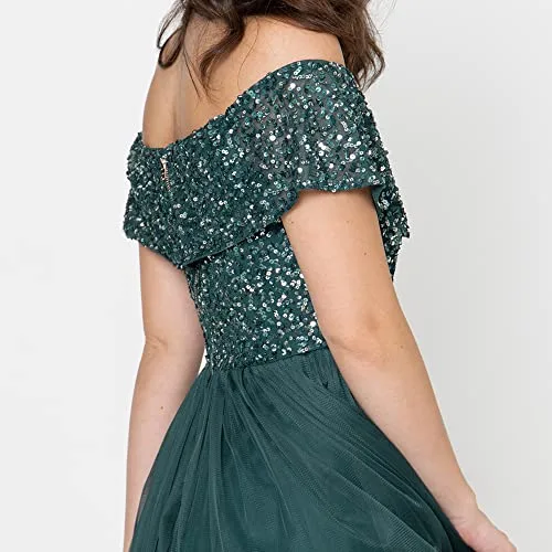 Maya Deluxe ▫️ Maya Berry Bardot Vestido Maxi com Detalhes - Vestido de Dama de Honra para Mulher 5