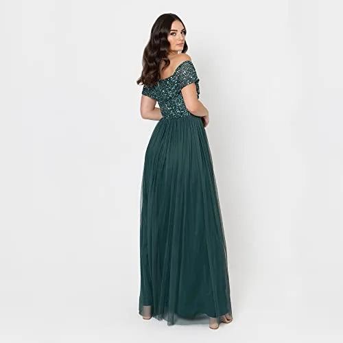 Maya Deluxe ▫️ Maya Berry Bardot Vestido Maxi com Detalhes - Vestido de Dama de Honra para Mulher 6