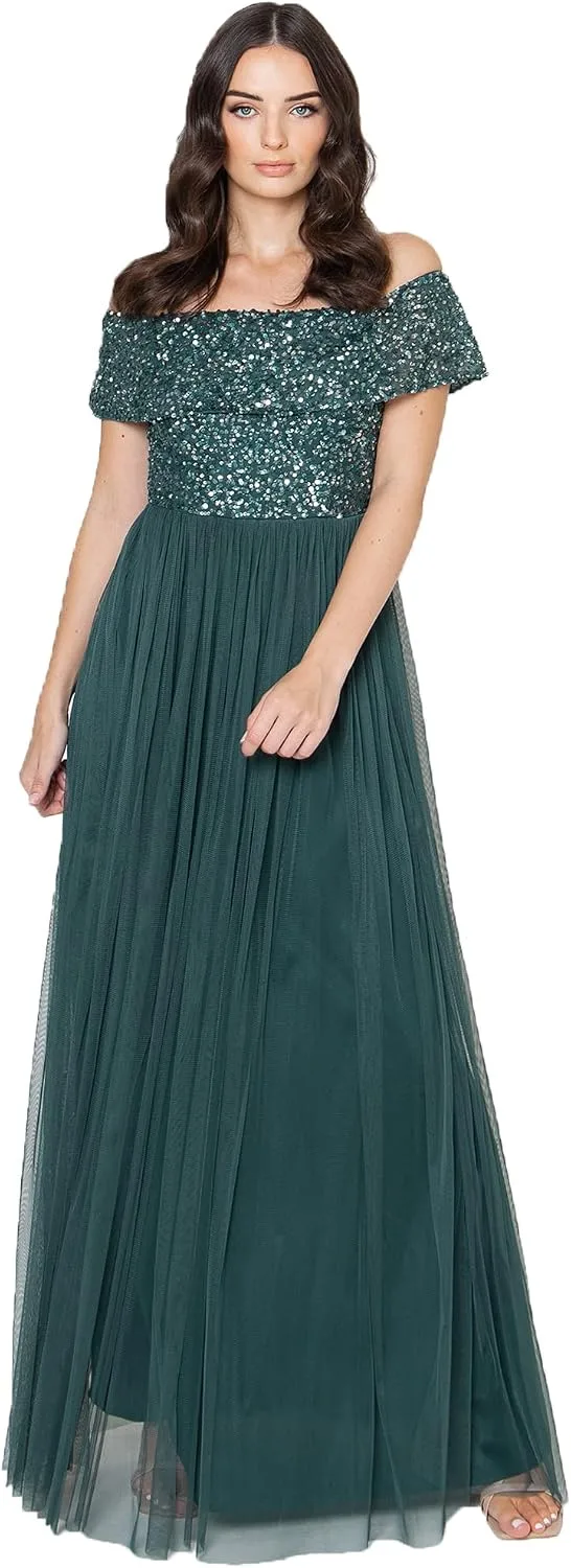 Maya Deluxe ▫️ Maya Berry Bardot Vestido Maxi com Detalhes - Vestido de Dama de Honra para Mulher