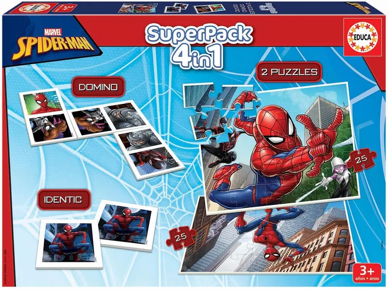 Educa ▫️ Superpack Homem-Aranha da Marvel 4 em 1 | Puzzles, Dominó, Jogo da Memória Infantil | 2 Puzzles de 25 e 50 peças, Dominó com 21 peças, Identic com 24 cartas | Jogo educativo para crianças a partir dos 3 anos (19353)
