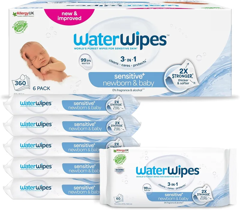 WaterWipes ▫️ Sensitive+ Toalhetes para recém-nascidos e bebés, toalhetes para recém-nascidos e bebés, 360 unidades (embalagem de 6), 3 em 1 Limpa, cuida, protege, 99,9% de água, sem perfume