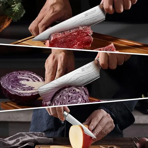 PAUDIN ▫️ Conjunto de facas de cozinha profissionais, 3 peças, utensílios em aço inoxidável, cabo em madeira, facas de chef universais para cortar carne, legumes, pão e queijo 4