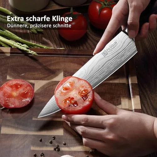 PAUDIN ▫️ Conjunto de facas de cozinha profissionais, 3 peças, utensílios em aço inoxidável, cabo em madeira, facas de chef universais para cortar carne, legumes, pão e queijo 5