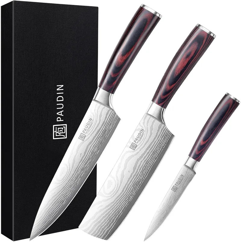 PAUDIN ▫️ Conjunto de facas de cozinha profissionais, 3 peças, utensílios em aço inoxidável, cabo em madeira, facas de chef universais para cortar carne, legumes, pão e queijo