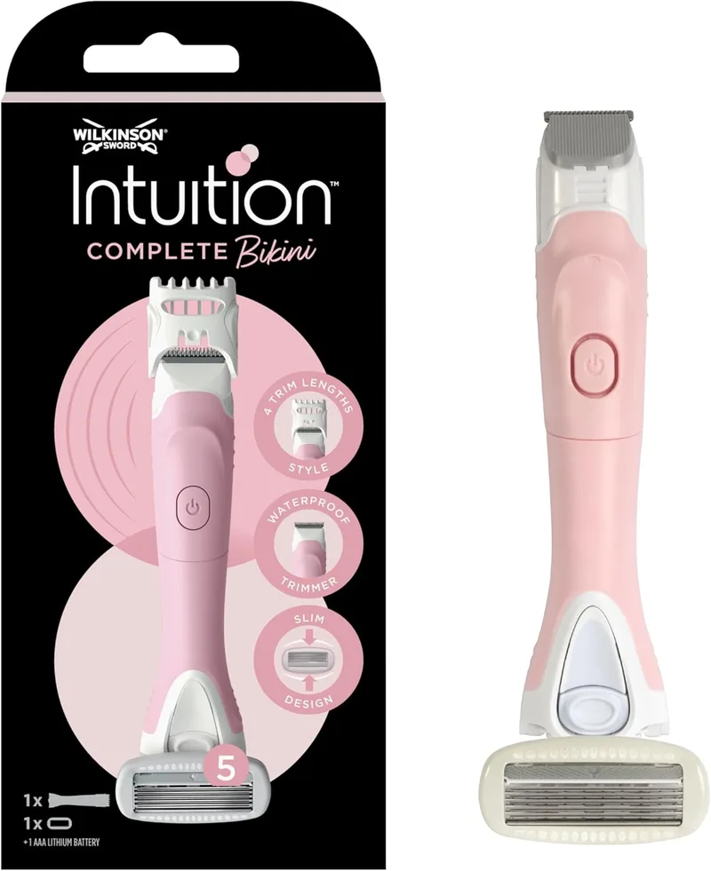 Wilkinson Sword ▫️ All-in-One Razor & Trimmer com cabeça de barbear de 5 lâminas com revestimento de gel de proteção da pele, cor-de-rosa claro, 1 unid.