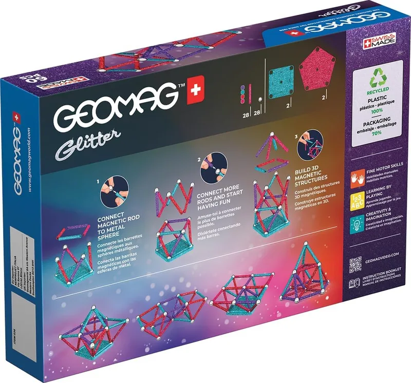 Geomag ▫️ Glitter Panels Recycled - Conjunto de construção magnético, Presente para meninos e meninas de 5, 6, 7, 8, 9, 10, 11, 12 e 13 anos, construções magnéticas, Jogos para crianças.