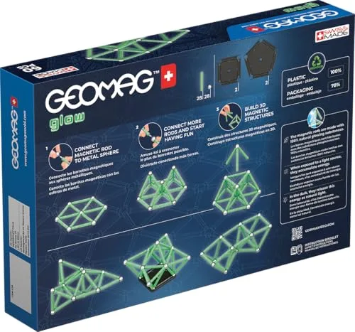 Geomag ▫️ Glow Recycled, Construções Magnéticas com Efeito Glow, Barras que Brilham no Escuro, Conjunto de 60 peças, Plástico 100% reciclado 2