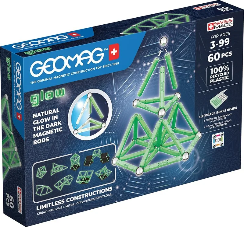 Geomag ▫️ Glow Recycled, Construções Magnéticas com Efeito Glow, Barras que Brilham no Escuro, Conjunto de 60 peças, Plástico 100% reciclado