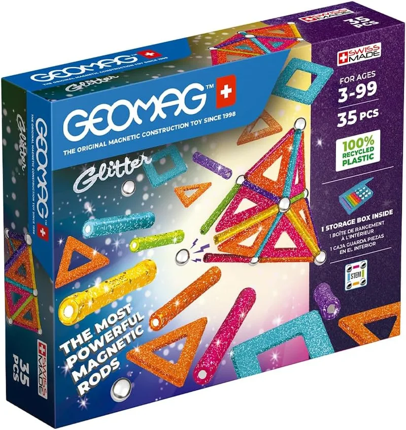Geomag ▫️ Glitter Recycled, Construções Magnéticas com Efeito Glitter, Barras Magnéticas Luminosas Coloridas, Conjunto de 35 peças, Plástico 100% reciclado