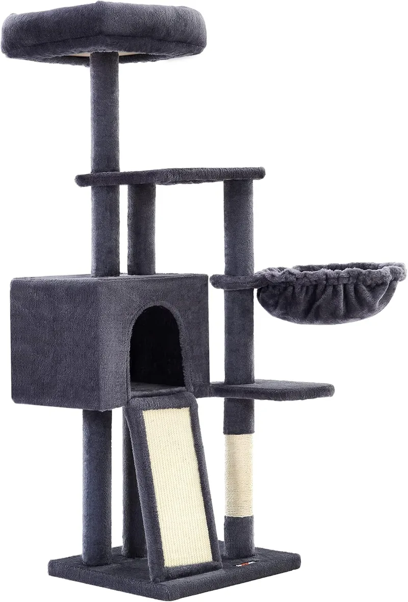 Feandrea ▫️ Árvore para gatos pequenos, 135 cm, complexo para gatos em pelúcia com vários níveis, com cobertura da plataforma removível e lavável, arranhador, cesto, caverna, cinzento escuro