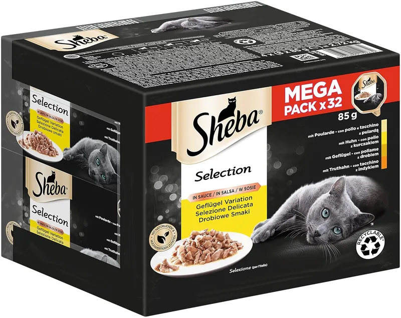 Sheba ▫️ Selection in Sauce – Ração húmida para gatos em taça – Variedade de aves de capoeira com poularde, frango, aves de capoeira e peru – 32 x 85 g