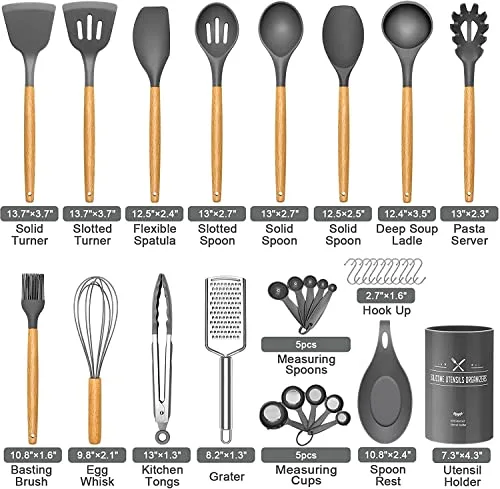 DLD ▫️ 34 conjuntos de utensílios de cozinha resistentes ao calor com silicone, com cabos de cozinha e pastelaria em aço inoxidável, espátula em forma de formiga 2